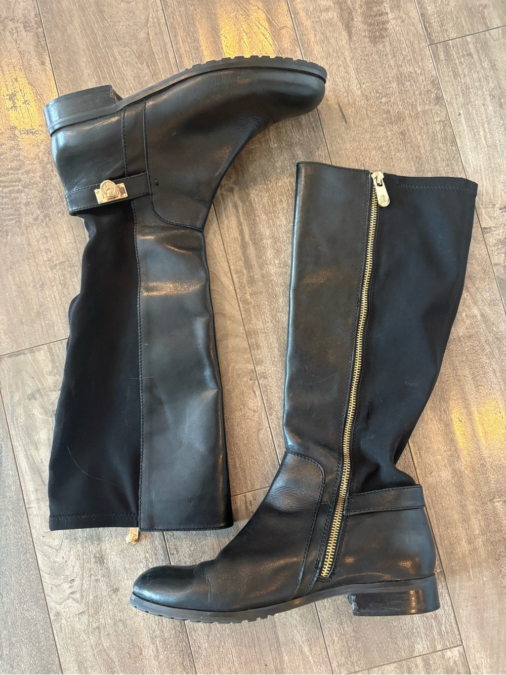 Tahari Black Knee-High Leather Riding Boots with Gold Zip